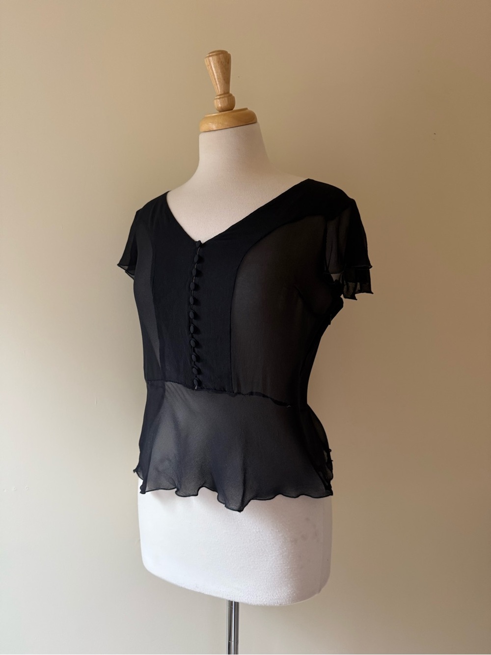 Marella Vintage 100% Silk Black Sheer Button Front Blouse Made in Italy
